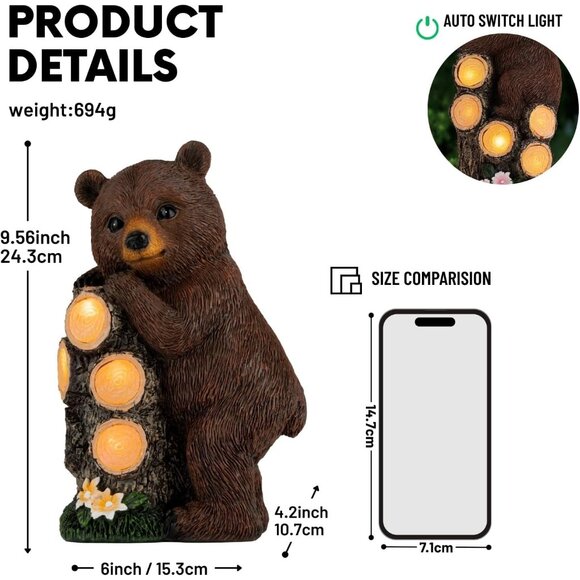 Resin Solar Brown Bear Statue Climbing Tree Trunk with LED Tree Rings for Garden - Picture 2 of 6
